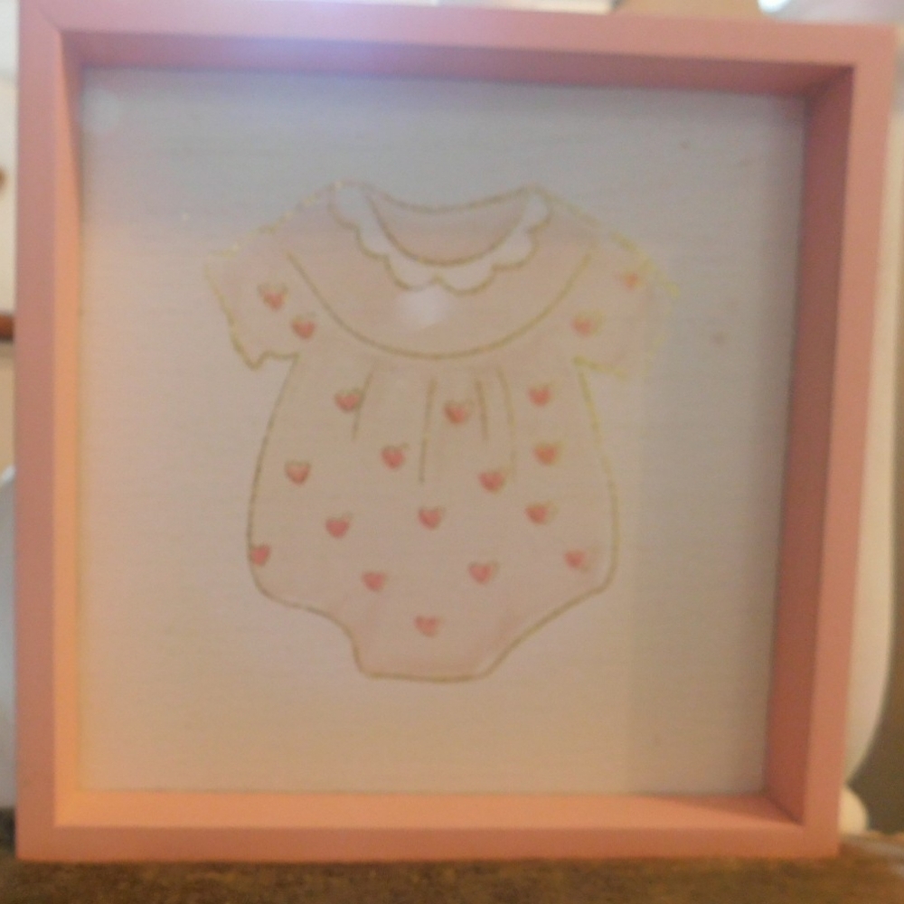 Nursery Wall Art Baby Girl Romper w/attached Wooden Frame NWT
